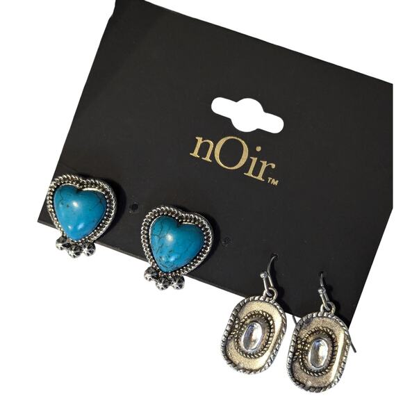 nOir Turquoise Heart Stud Earrings & Silver Western Dangle Earrings Set - Picture 5 of 5